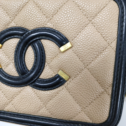 Chanel Filigree Mini Vanity Case Caviar Leather Beige with Black Trim, 2018-2019