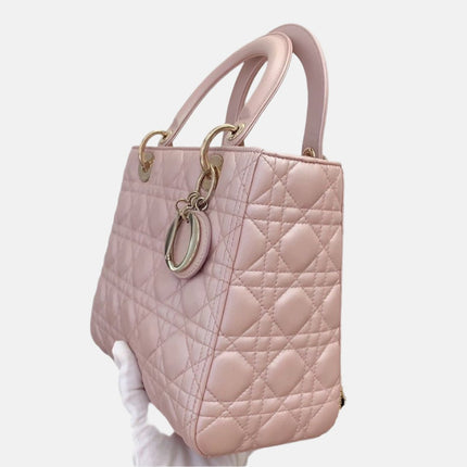 Lady Dior Medium Handbag Pearlescent Pink Cannage Leather Gold Hardware