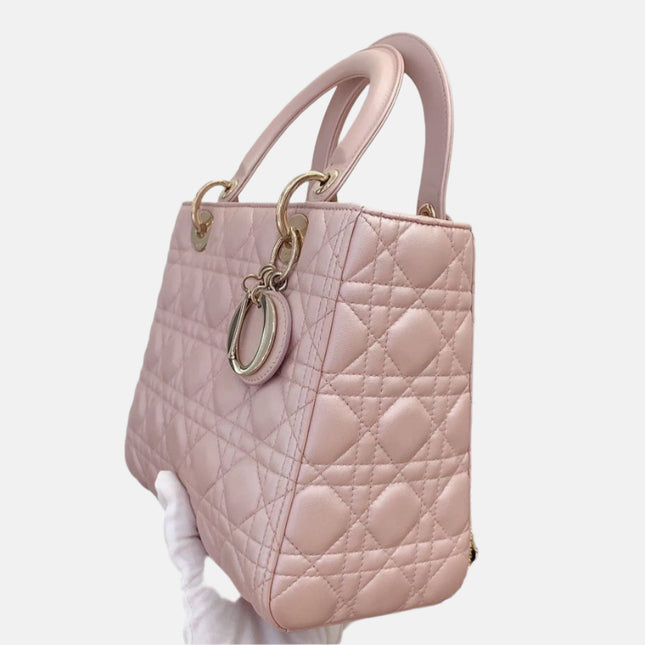 Lady Dior Medium Handbag Pearlescent Pink Cannage Leather Gold Hardware