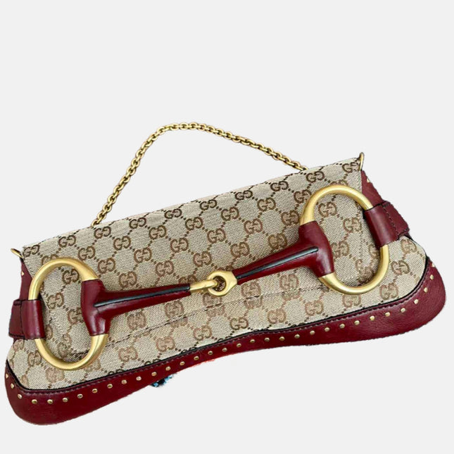 Gucci Horsebit 1955 Large Cloth Beige Monogram Burgundy Leather Shoulder bag-Luxbags