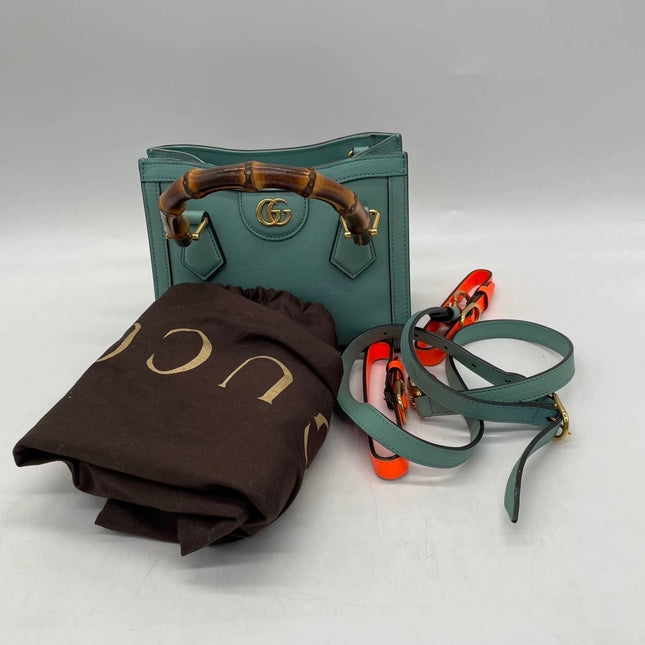 Gucci Diana Mini Blue Leather Bag Bamboo Handle with Strap