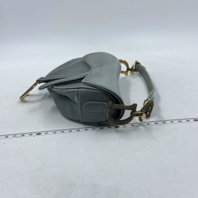 Sold Dior Saddle Mini Silk Blue Grey with Crystal Embedded Buckles