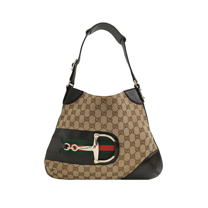 Gucci Large Vintage Brown Monogram and Leather Side Horsebit Shoulder Bag-Luxbags