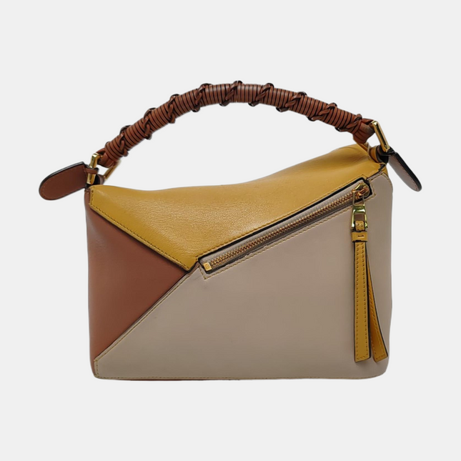 Loewe Puzzle Small Tricolor Tan Yellow Grey Braided Handle Crossbody Bag