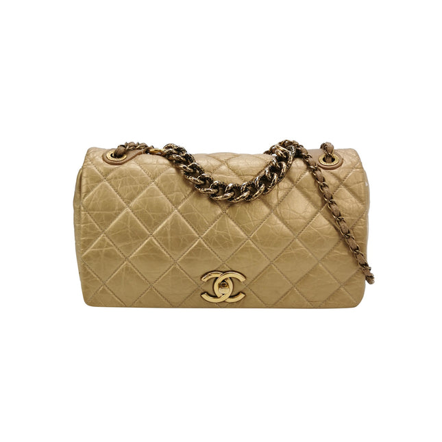Chanel Paris Bombay Pondicherry Flap Bag Quilted Large Gold Shiny Calfskin Leather-Luxbags