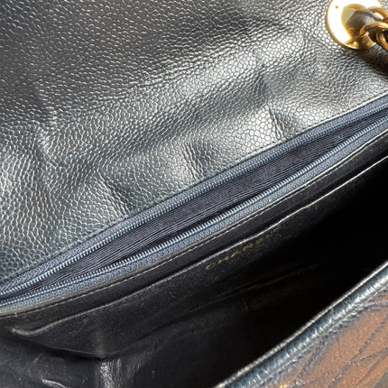 Chanel Classic Flap Vintage Navy Black Caviar Leather 24k Gold Plated Giant CC Logo, 1994-96