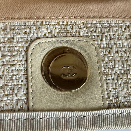 Chanel Deauville Tote Gold Beige Cloth Leather Chain Strap Small 34cm
