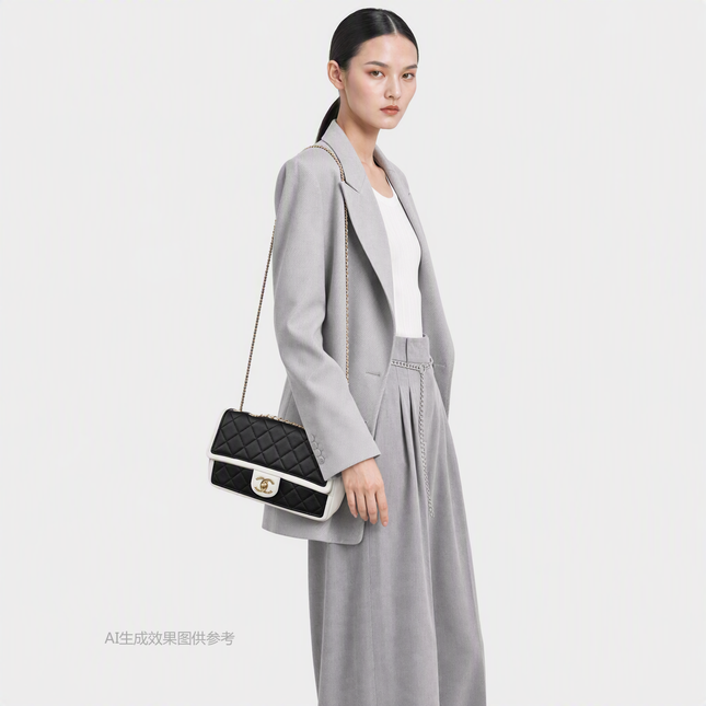 Chanel Graphic Medium Flap Bag Black Lambskin Leather White Edge