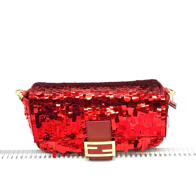 Fendi Baguette Medium Red Glitter Sequins Shoulder Bag