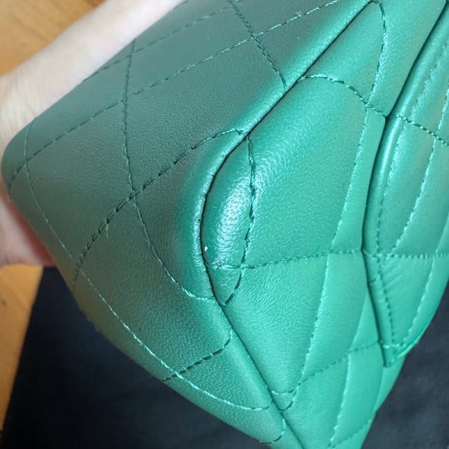 Chanel Classic Flap Mini Rectangular Green Lambskin Leather Silver Hardware