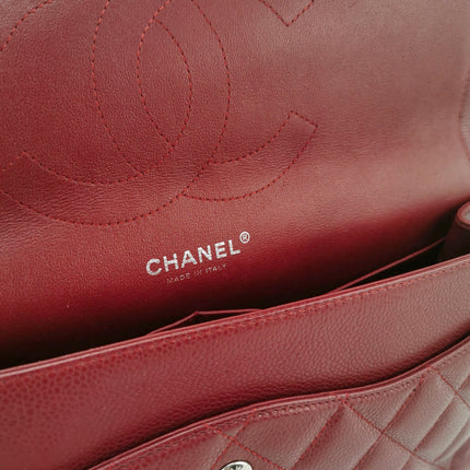 Chanel Classic Flap Jumbo Dark Red Caviar Leather Double Flap Silver Hardware