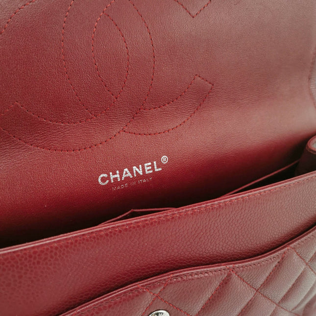 Chanel Classic Flap Jumbo Dark Red Caviar Leather Double Flap Silver Hardware