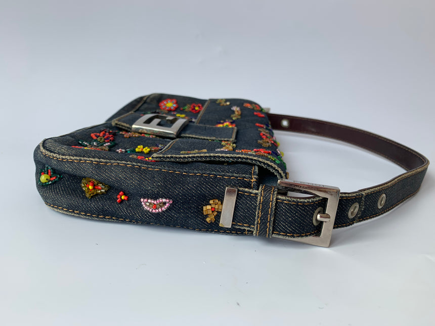 Sold FENDI Baguette Blue Denim with beaded Flower Embroidery