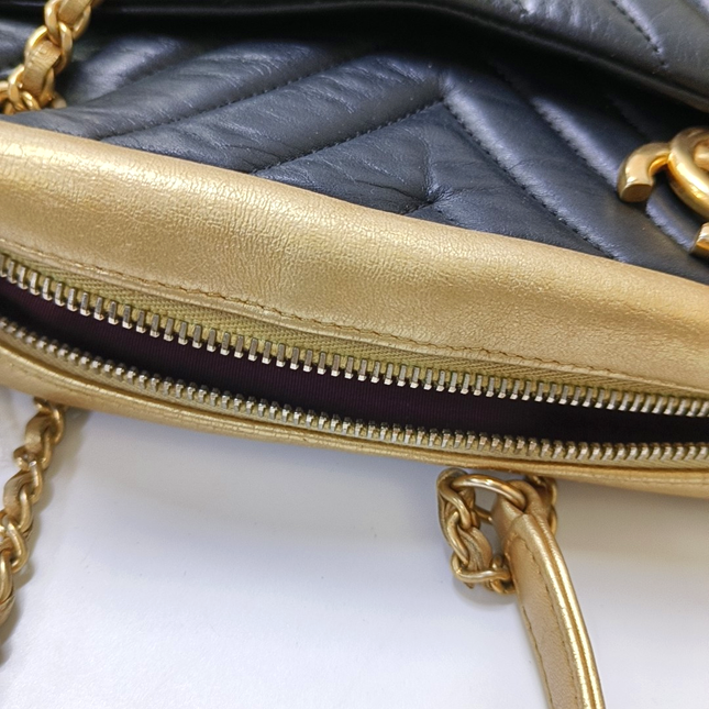 Chanel Camera Bag Chevron Stitching Black Gold Lambskin Leather Double Gold Chain, 2014