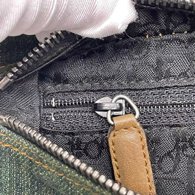 Dior Vintage Gaucho Large Green Denim Brown Leather Crossbody Bag