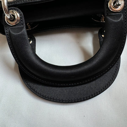 Lady Dior Mini Black Silk with Crystals Silver Hardware