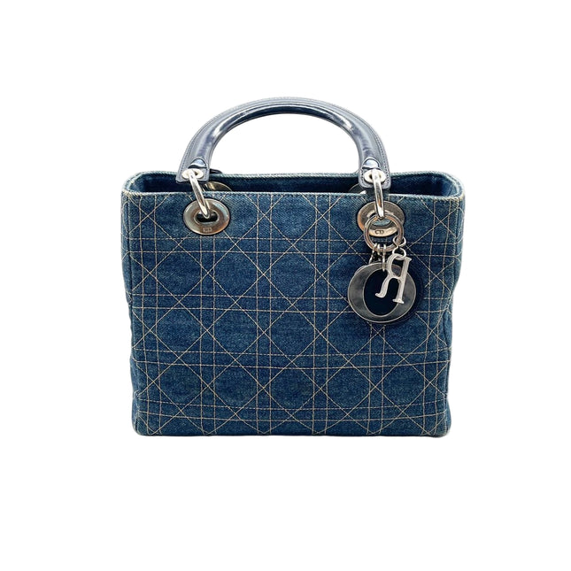 Lady Dior Vintage Medium Navy Blue Jeans Silver Hardware-Luxbags