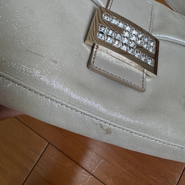 FENDI Baguette 1997 White Pearlescent Fabric Crystal Buckle Shoulder Bag