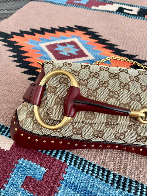 Gucci Horsebit 1955 Large Cloth Beige Monogram Burgundy Leather Shoulder bag