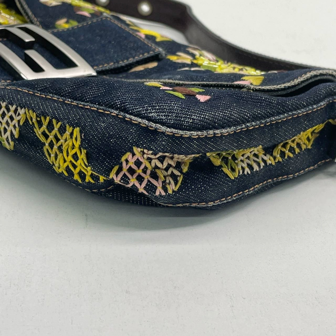 Fendi Baguette Denim with Floral Embroidery