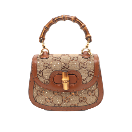 Gucci Bamboo 1947 Mini Brown Leather and Canvas with Glitter Crossbody Bag-Luxbags