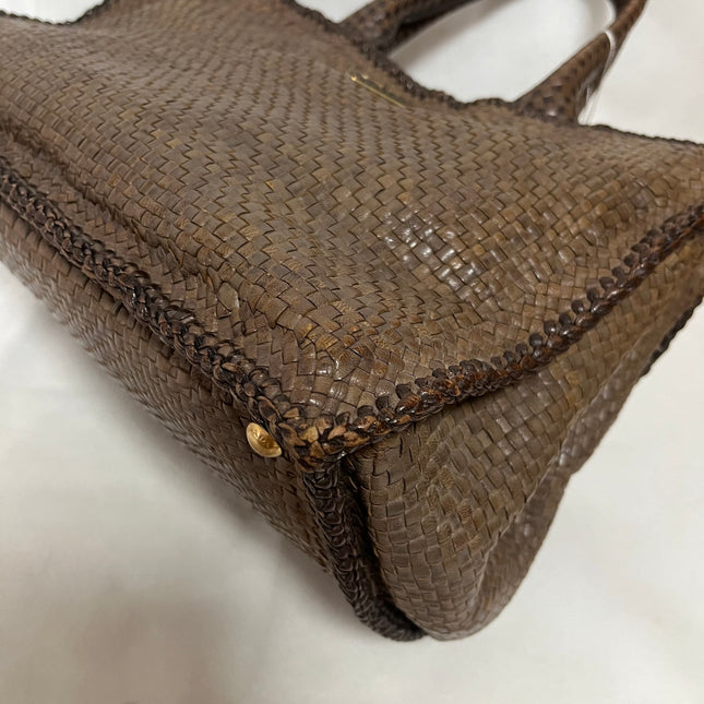Prada Madras Brown Woven Leather Top Handle Shopping Tote