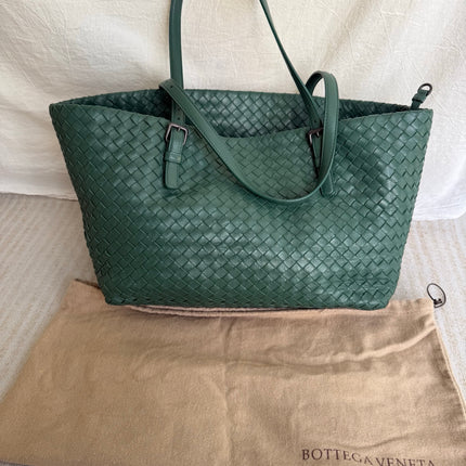 Bottega Veneta Cesta Shopper Tote Nappa Intrecciato Leather Dark Green Small-Luxbags