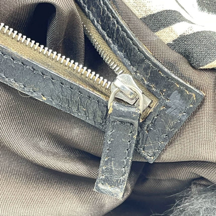 Fendi Baguette Black Print Fabric and Furry Shoulder Bag