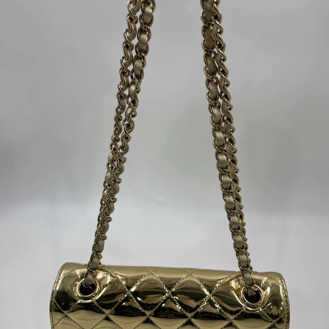 Chanel Classic Flap Mini Square Star Purse Gold Patent Calfskin Leather Mirror Glaze