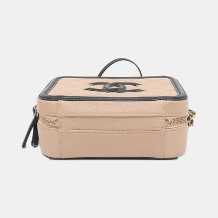 Chanel Filigree Mini Vanity Case Caviar Leather Beige with Black Trim, 2018-2019