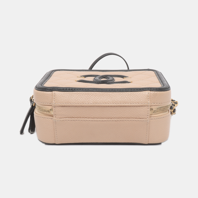 Chanel Filigree Mini Vanity Case Caviar Leather Beige with Black Trim, 2018-2019