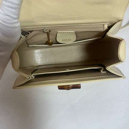 Gucci Bamboo 1947 Vintage Small White Box Leather Top Handle and Leather Strap Bag