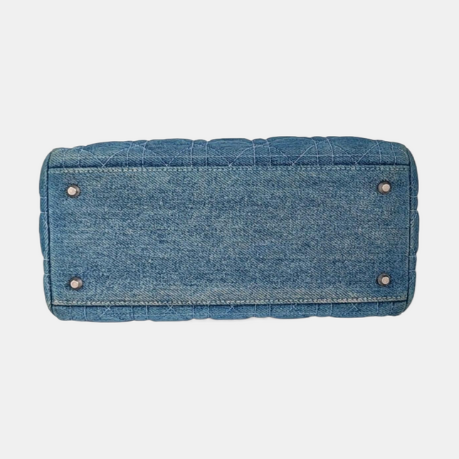 Lady Dior Vintage Medium Blue Jeans PVC Handles Silver Hardware With Strap