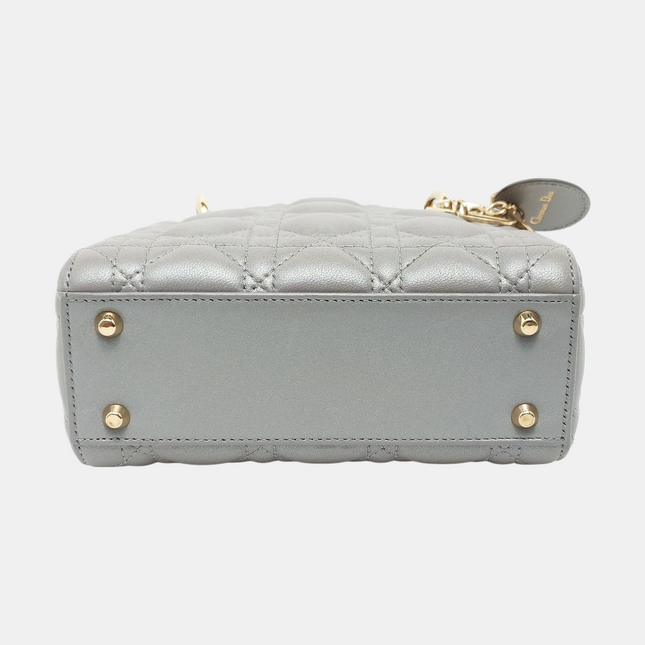Lady Dior Mini Pearlescent Grey Cannage Lambskin Gold Hardware Chain Strap