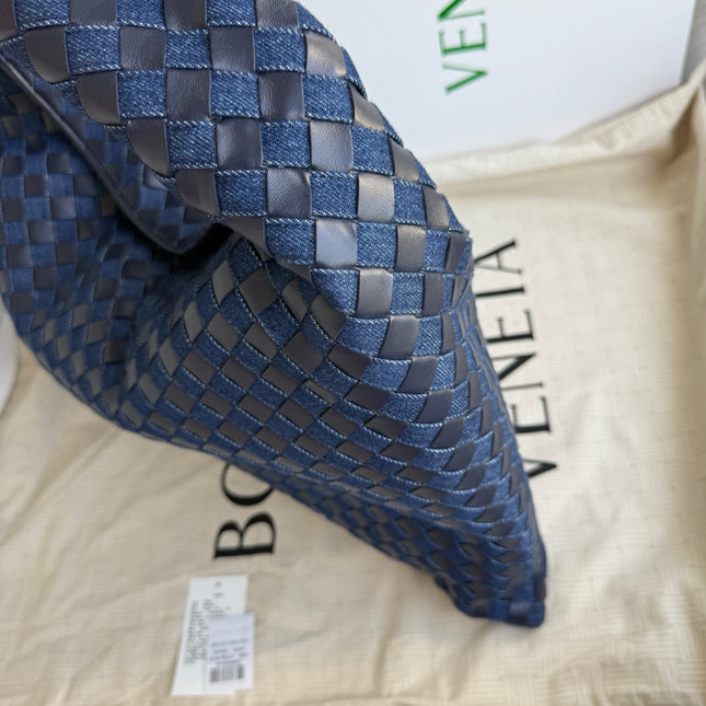 Bottega Veneta Hop Large Leather and Denim Intrecciato Navy Hobo Bag 55cm