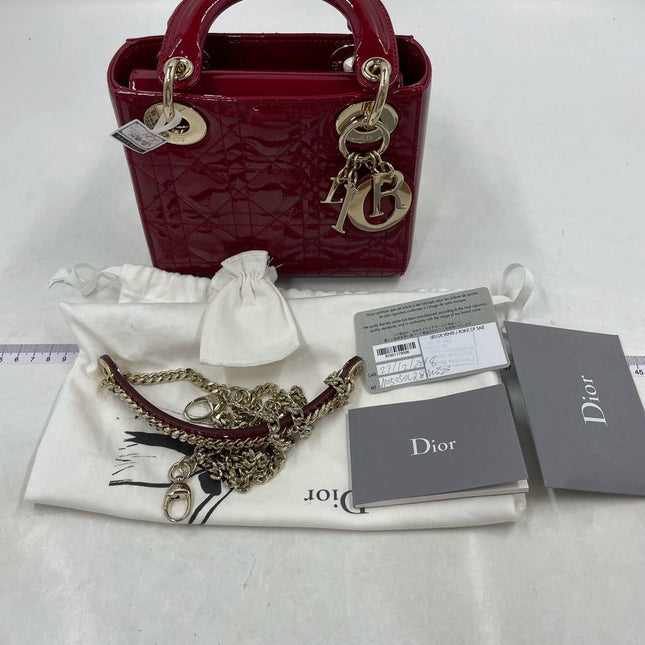Lady Dior Mini Handbag Burgundy Red Patent Leather Gold-tone Chain Strap
