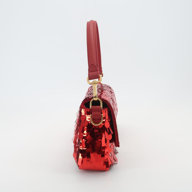 Fendi Baguette Medium Red Glitter Sequins Shoulder Bag