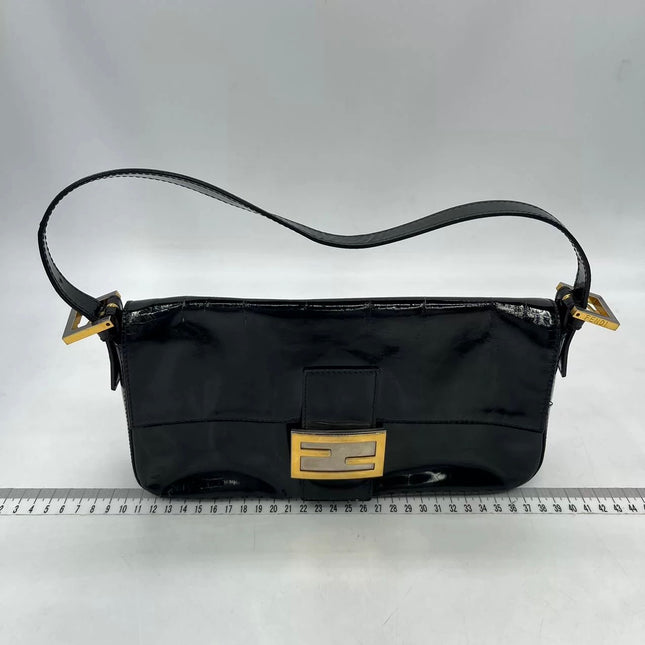 Fendi Baguette Black Patent Leather Gold Hardware Shoulder Bag