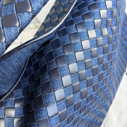 Bottega Veneta Hop Large Leather and Denim Intrecciato Navy Hobo Bag 55cm