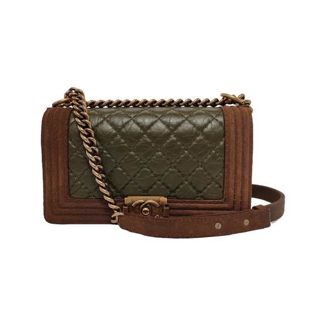 Chanel Le Boy Medium Dark Green Calfskin Brown Suede Leather Bag Gold Hardware-Luxbags