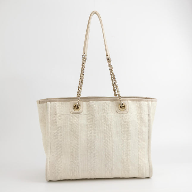 Chanel Deauville Tote Light Beige Stripes Cloth Leather Chain Handle Small 34cm