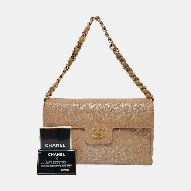 Chanel Vintage Beige Caviar Leather Shoulder Bag Gold Hardware