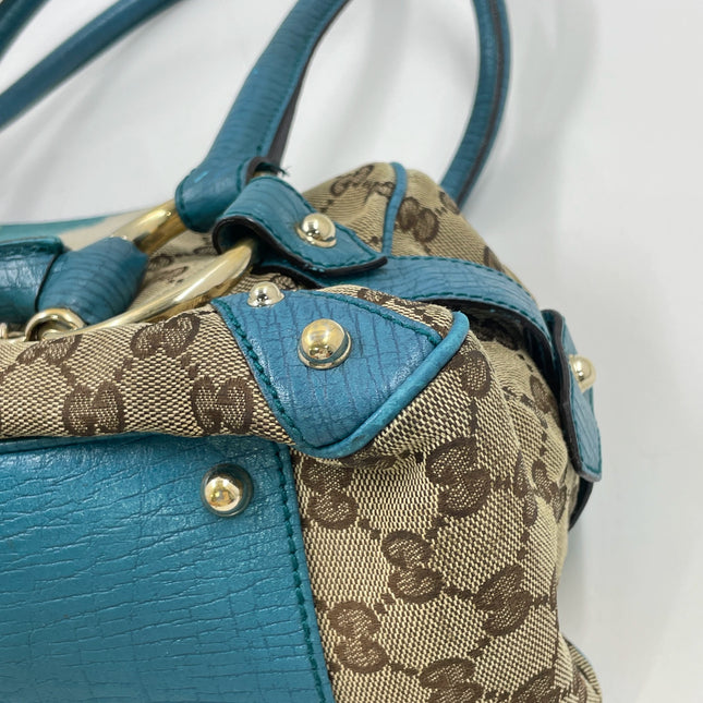 Gucci Horsebit Boston Bowling Handbag Monogram Canvas Blue Leather