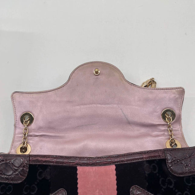 Gucci Jeweled Dragon Bag Purple Crocodile and GG Velvet Bamboo Chain Strap Shoulder Bag