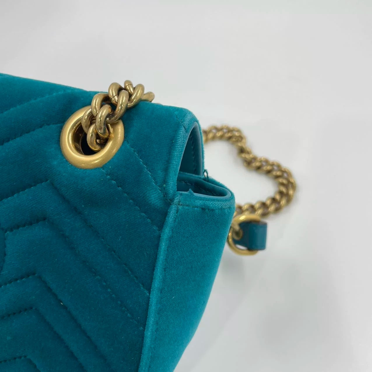 Gucci Marmont Small Flap Turquoise Blue Velvet Handbag