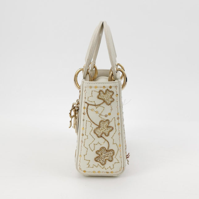 Lady Dior Mini 2018 Embroidered White Calfskin Leather Gold Beads Crossbody Bag