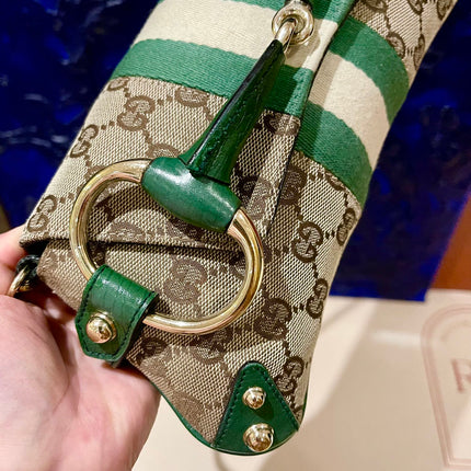 Gucci Horsebit 1955 Chain Bag Gucci Monogram Green Leather and Gold Studs