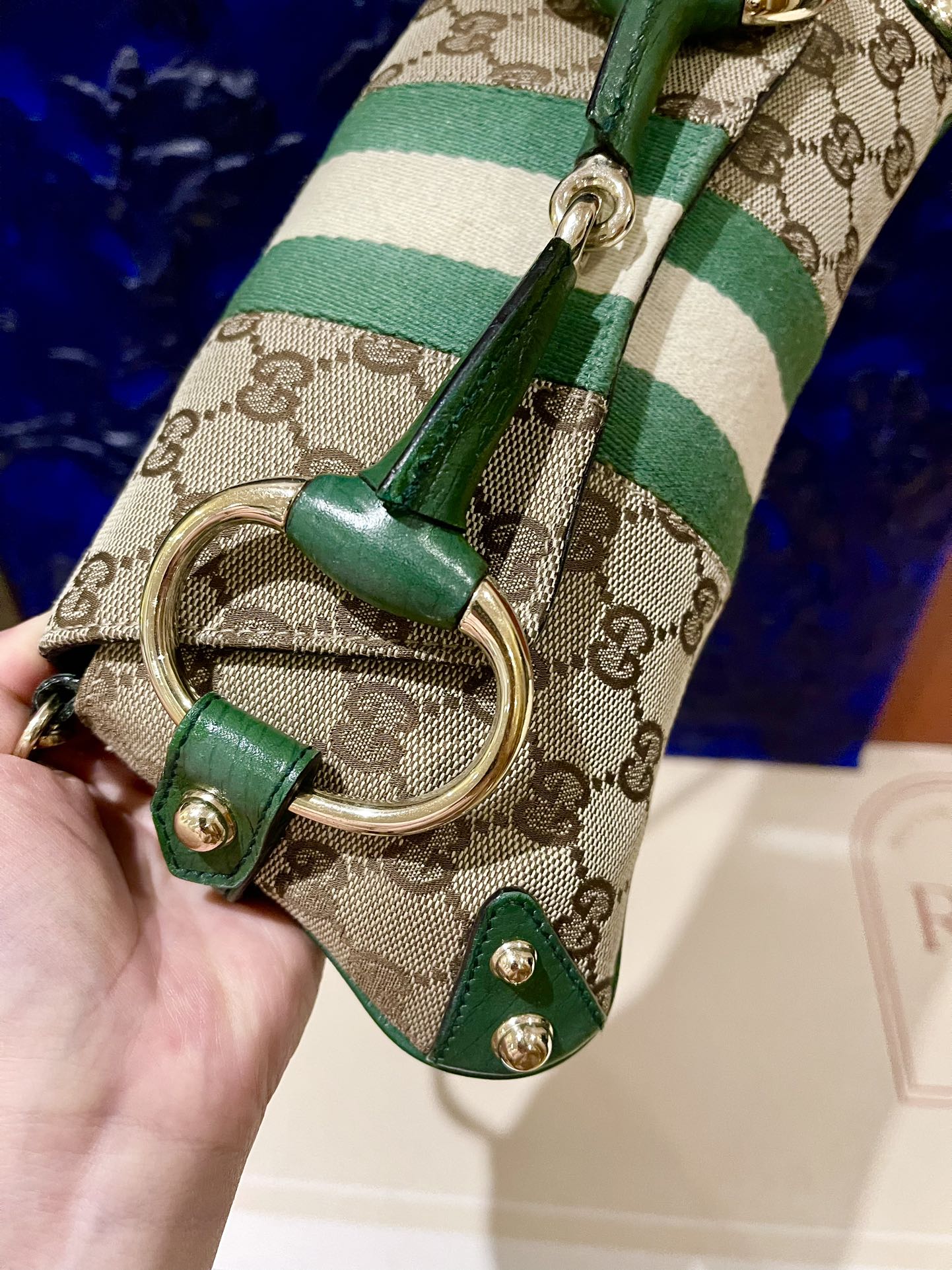 Gucci Horsebit 1955 Chain Bag Gucci Monogram Green Leather and Gold Studs