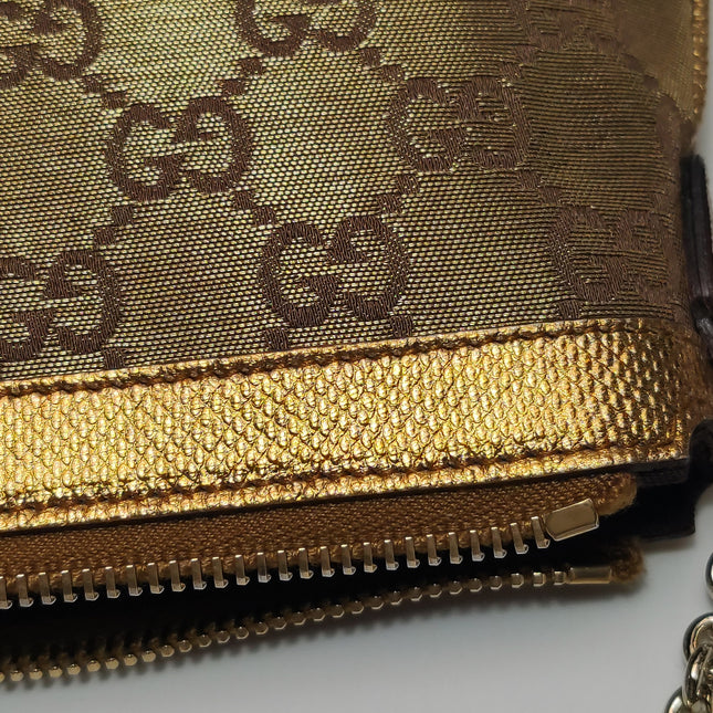 Gucci Clutch Pochette Gold Monogram Canvas and Leather Heart Chain