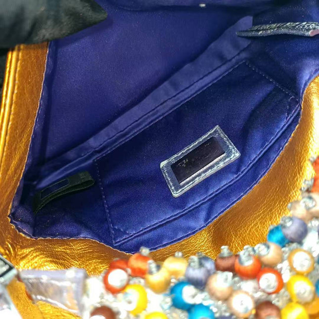 Fendi Baguette Mini Gold Nappa Leather with Beaded Strap
